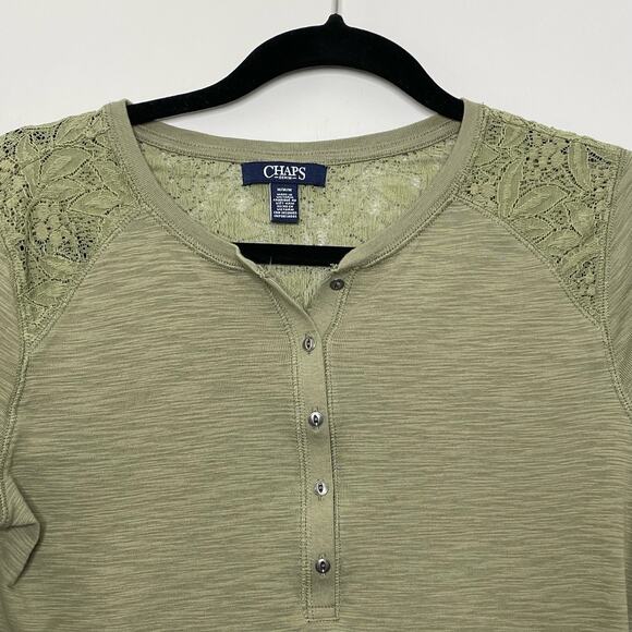 Chaps Henley Long Sleeve Top 1/2 Button Up Lace Shoulder Detail Heather Green M - Picture 4 of 10